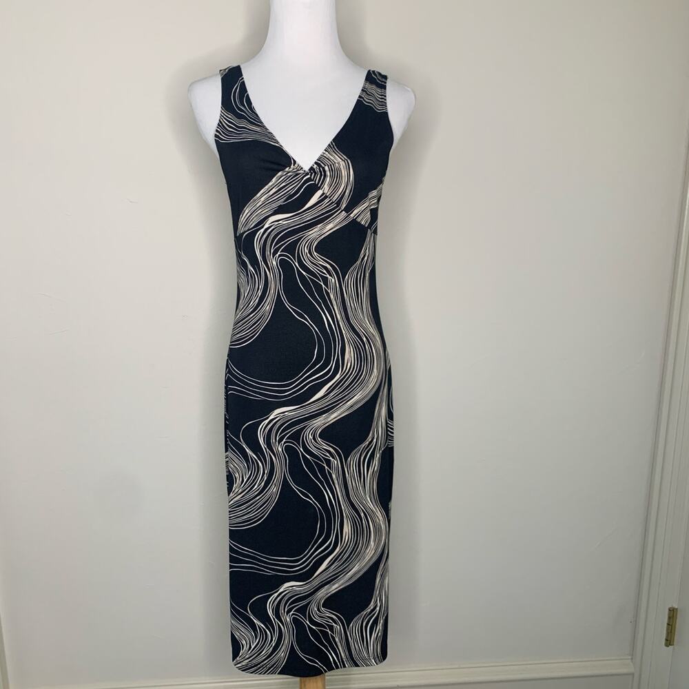 Vintage Y2K Swirl Black Tan Patterned Midi Dress Sz Small